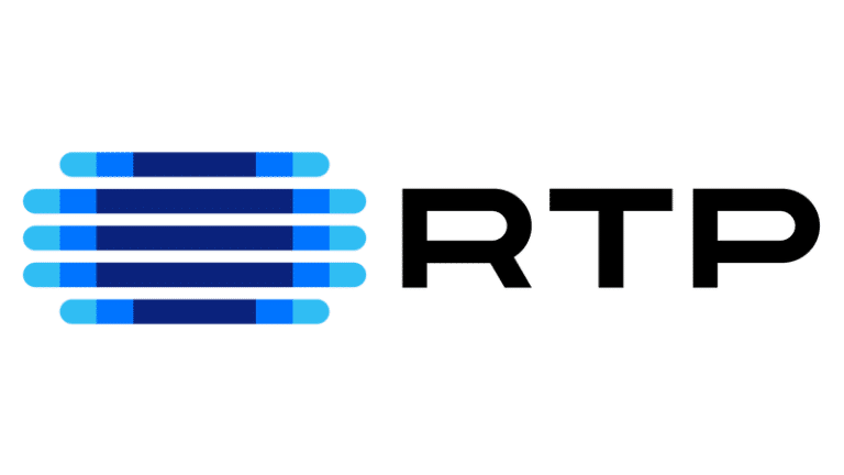 Logo of Rádio e Televisão de Portugal, featuring a stylized blue spiral graphic on the left.